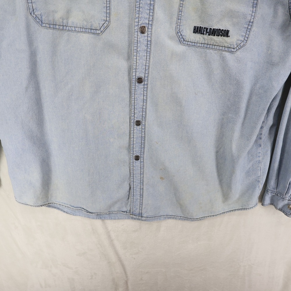 Harley Davidson XXL Light Wash Denim Button Shirt '03 C8036 HMGL Thrashed *READ - Picture 4 of 15